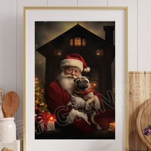 PUG & SANTA ADORABLE PRINT 8X10 or 11X14 GLOSSY PHOTO THE PERFECT HOLIDAY GIFT